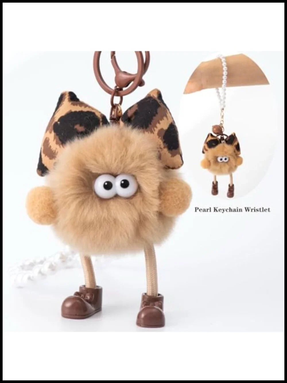 Kawaii Plush Keychains for Women, Leopard Bow Pom Pom Bag Charms with Pearl